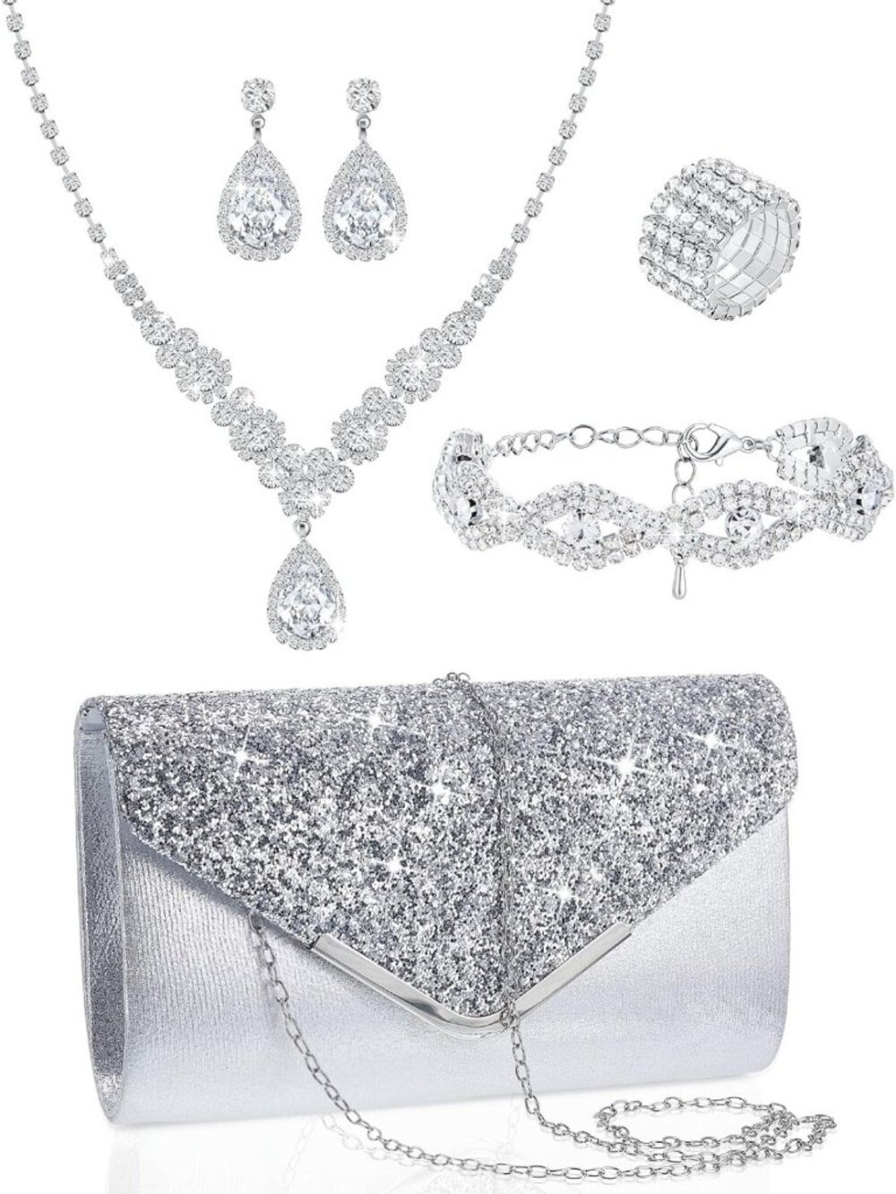 5-Piece Rhinestone Jewelry Set: Clutch Purse, Necklace, Earrings & Bracelets for